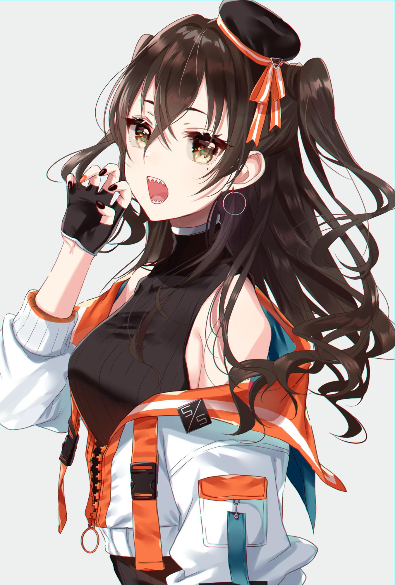 1girl :o bare_shoulders black_gloves black_headwear black_sweater breasts brown_eyes brown_hair claw_pose earrings fingerless_gloves from_side gloves grey_background hand_up hat highres hoop_earrings idolmaster idolmaster_cinderella_girls jacket jewelry long_hair long_sleeves looking_at_viewer looking_to_the_side medium_breasts mini_hat misumi_(macaroni) mole mole_under_eye multicolored multicolored_nails off_shoulder open_clothes open_jacket open_mouth ribbed_sweater sharp_teeth sidelocks sleeveless sleeveless_turtleneck solo sunazuka_akira sweater teeth turtleneck two_side_up upper_body wavy_hair white_jacket