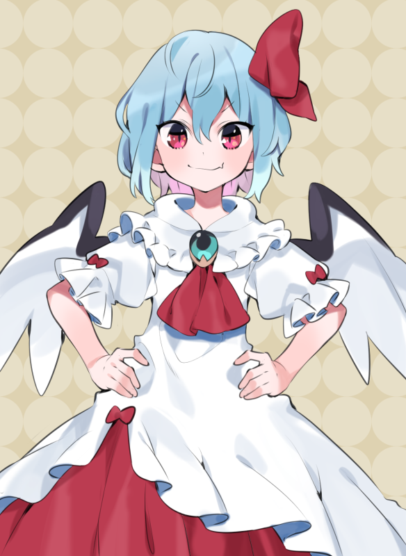 1girl akagashi_hagane ascot bangs bat_wings blue_hair brooch commentary_request cowboy_shot dress eyebrows_visible_through_hair fang fang_out frilled_shirt_collar frills grey_background hair_between_eyes hair_ribbon hands_on_hips jewelry looking_at_viewer no_hat no_headwear red_eyes red_neckwear red_ribbon remilia_scarlet ribbon short_hair skin_fang solo standing touhou v-shaped_eyebrows white_dress wings