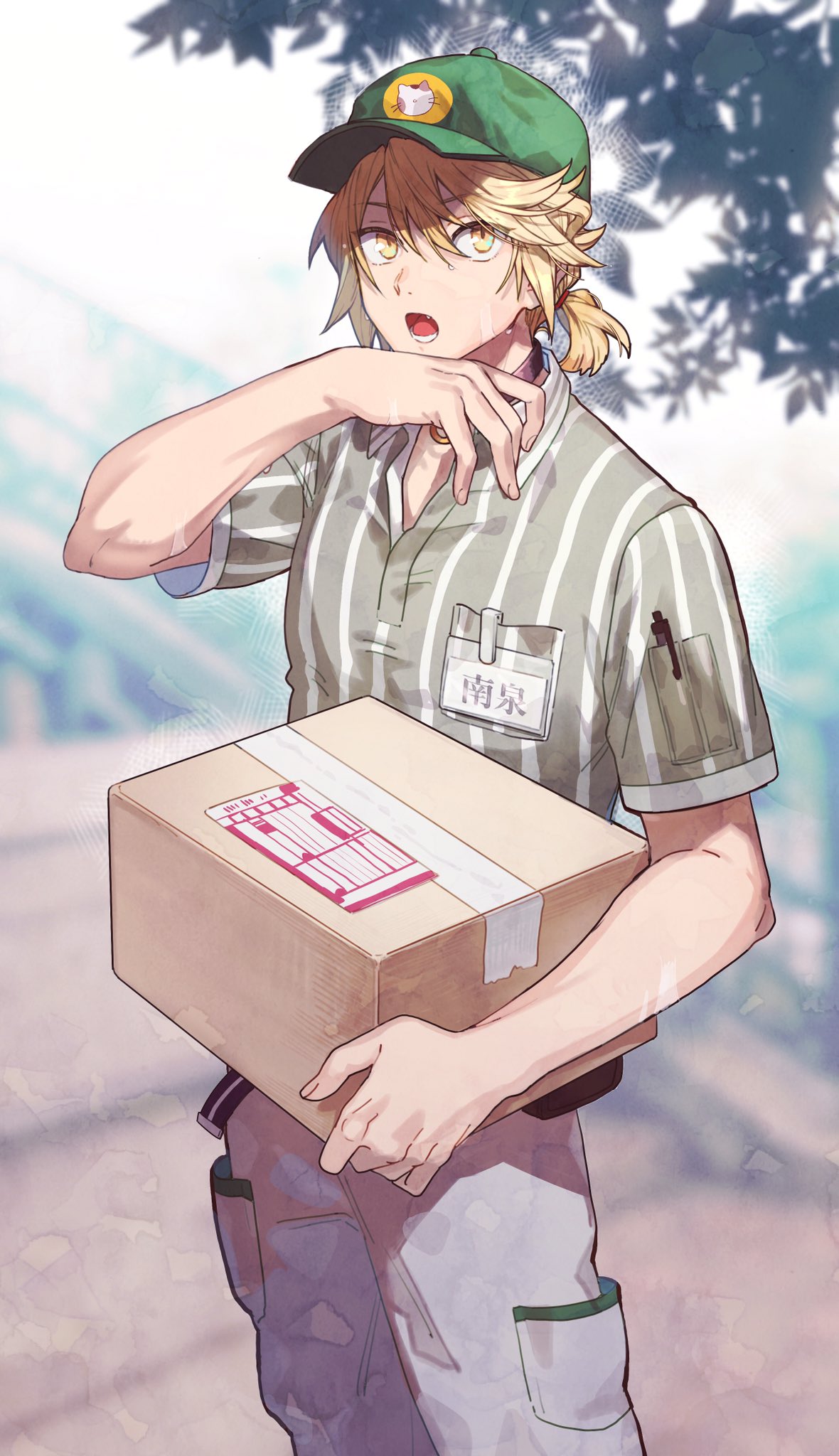 1boy baseball_cap beige_pants blonde_hair brand_name_imitation employee_uniform fang green_headwear gyuunyuu_(mashika) hat highres male_focus name_tag nansen_ichimonji package pen ponytail shirt short_sleeves solo striped striped_shirt sweat touken_ranbu uniform wiping_face yamato_transport yellow_eyes