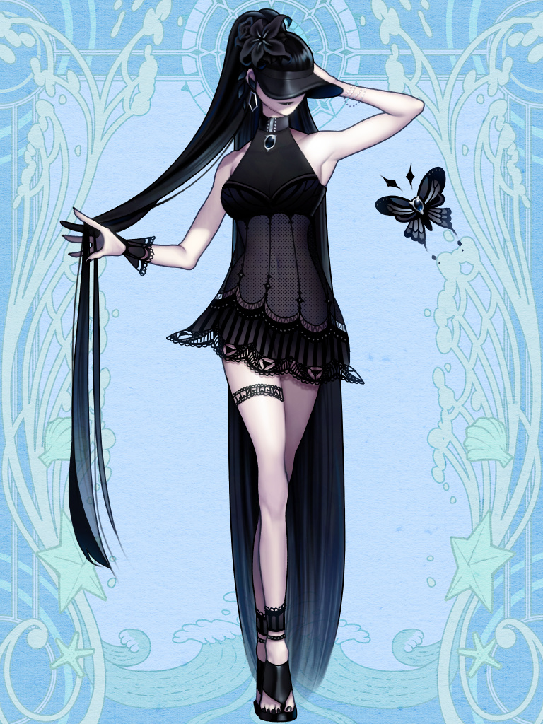 1girl black_dress black_flower black_nails blue_background bug butterfly covered_eyes dairoku_youhei dress earrings fishnet_fabric flower full_body hair_flower hair_ornament hand_up hoop_earrings insect jewelry long_hair navel pale_skin sandals sleeveless solo standing thigh_strap very_long_hair visor_cap