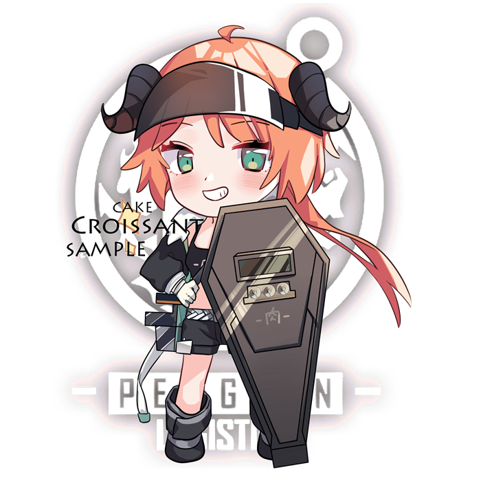 1girl arknights bangs black_footwear black_jacket black_shorts blush boots cake_(isiofb) character_name chibi croissant_(arknights) curled_horns eyebrows_visible_through_hair full_body gloves green_eyes grin hand_on_hip horns jacket long_hair long_sleeves looking_at_viewer open_clothes open_jacket orange_hair riot_shield sample short_shorts shorts sidelocks smile solo sparkle visor white_gloves