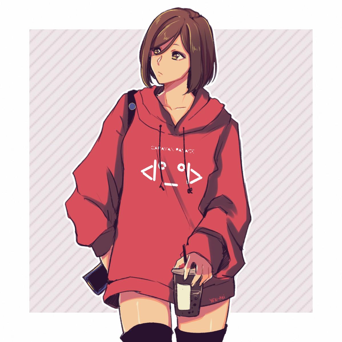 1girl bag brown_eyes brown_hair casual collarbone commentary cowboy_shot cup disposable_cup drawstring drinking_straw english_commentary expressionless holding holding_cup hood hoodie looking_to_the_side meiko red_hoodie short_hair shoulder_bag solo striped striped_background tan thigh-highs vocaloid yen-mi zettai_ryouiki