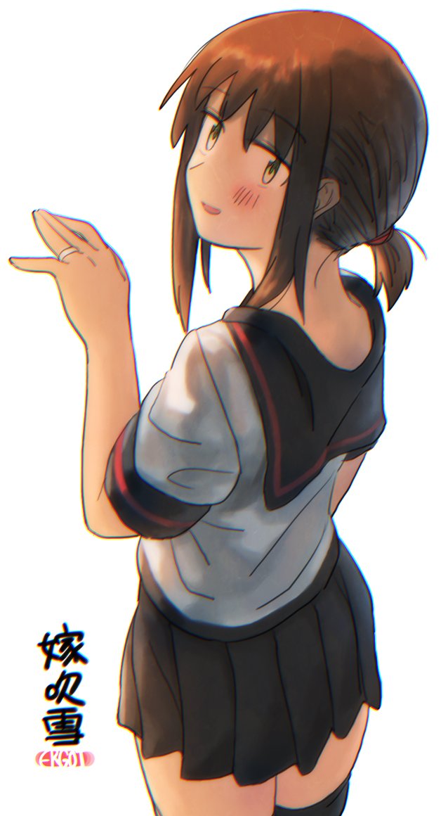 1girl artist_name black_hair black_legwear black_sailor_collar black_skirt brown_eyes commentary_request cowboy_shot ergot from_behind fubuki_(kantai_collection) jewelry kantai_collection long_hair low_ponytail open_mouth pleated_skirt ponytail remodel_(kantai_collection) ring sailor_collar school_uniform serafuku short_ponytail sidelocks simple_background skirt solo thigh-highs weapon wedding_band white_background