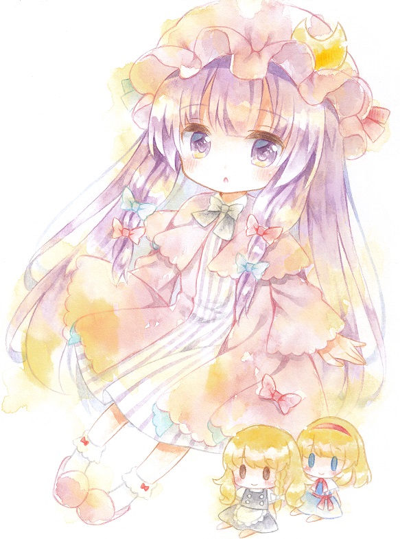 1girl alice_margatroid arms_at_sides bangs bobby_socks bow bowtie character_doll chestnut_mouth chibi crescent crescent_hair_ornament dress eyebrows_visible_through_hair hair_ornament hair_ribbon hat kagome_f kirisame_marisa leaning_to_the_side long_hair long_sleeves looking_at_viewer mob_cap patchouli_knowledge pink_footwear pink_robe purple_hair ribbon sidelocks simple_background slippers socks solo standing striped striped_dress touhou traditional_media tress_ribbon vertical-striped_dress vertical_stripes very_long_hair violet_eyes watercolor_(medium) white_background white_legwear white_neckwear