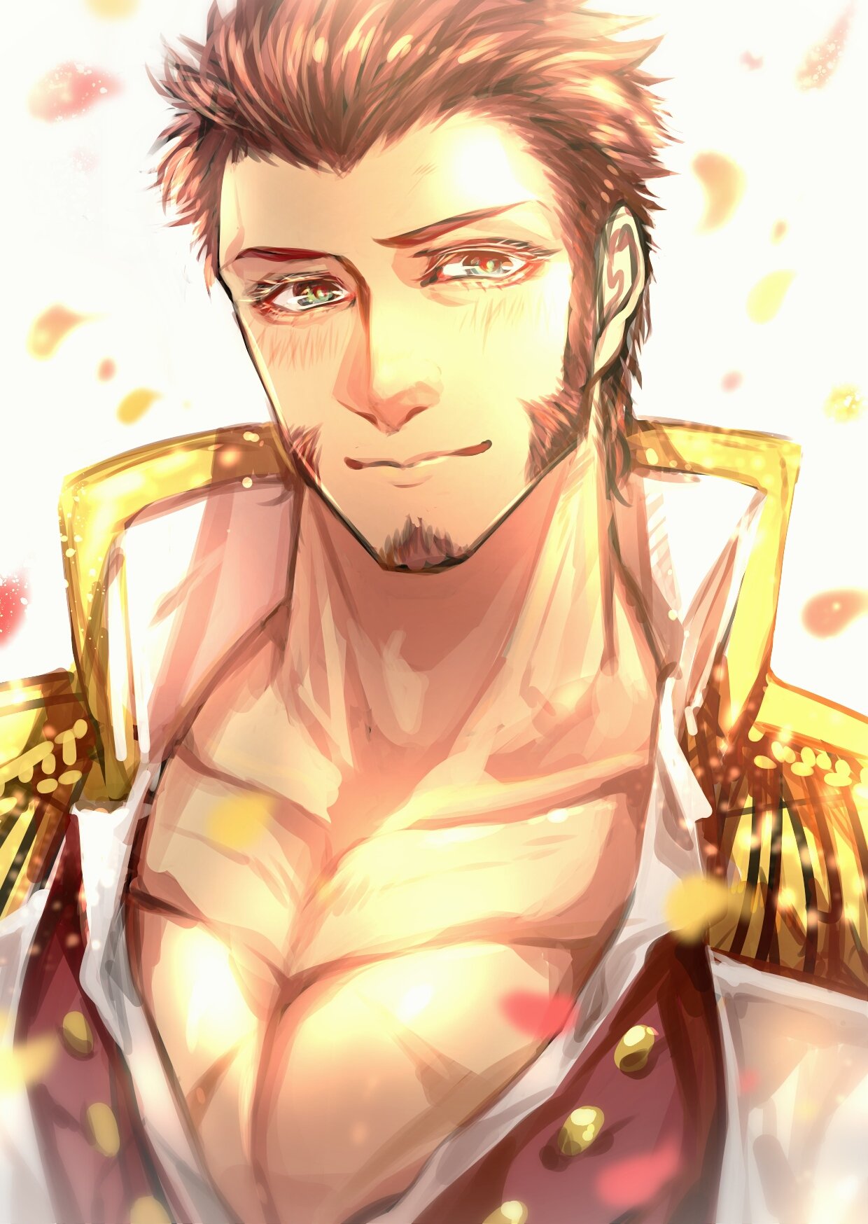 1boy beard blue_eyes blush brown_hair chest epaulettes facial_hair fate/grand_order fate_(series) highres jacket long_sleeves looking_at_viewer male_focus military military_uniform muscle napoleon_bonaparte_(fate/grand_order) open_clothes open_jacket pectorals scar simple_background smile solo uniform zuman_(zmnjo1440)