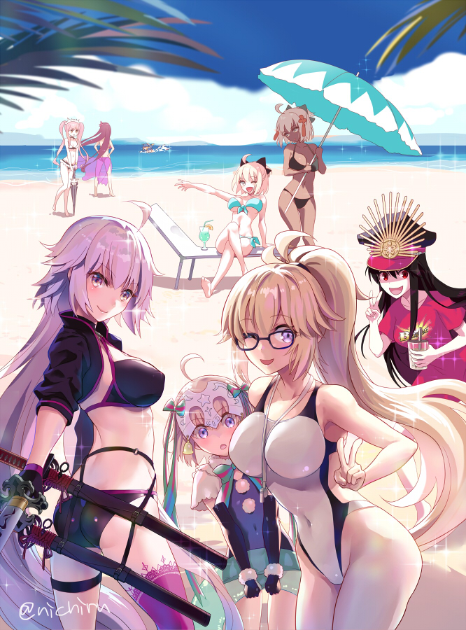 6+girls :d ;d ahoge aqua_bikini artoria_pendragon_(all) ass back bangs beach bikini black_bikini black_gloves black_hair blonde_hair blue_sky blue_swimsuit bow buster_shirt capelet clouds crossed_legs dark_skin drink drinking_straw elbow_gloves fate/grand_order fate_(series) flower glasses gloves hair_bow hair_flower hair_ornament hands_on_hips hat helmet holding holding_sword holding_weapon imminent_kiss innertube jeanne_d'arc_(alter_swimsuit_berserker) jeanne_d'arc_(fate)_(all) jeanne_d'arc_(swimsuit_archer) jeanne_d'arc_alter_santa_lily katana koha-ace long_hair medb_(fate)_(all) medb_(swimsuit_saber)_(fate) multiple_girls mysterious_heroine_xx_(foreigner) nichiru ocean oda_nobunaga_(swimsuit_berserker)_(fate) okita_souji_(alter)_(fate) okita_souji_(fate) okita_souji_(fate)_(all) one-piece_swimsuit one_eye_closed open_mouth parasol pink_hair pink_legwear ponytail purple_hair red_eyes scathach_(fate)_(all) scathach_(swimsuit_assassin)_(fate) sheath sheathed shirt single_thighhigh sitting sky smile swimming swimsuit sword t-shirt thigh-highs twintails umbrella v very_long_hair violet_eyes weapon white_bikini