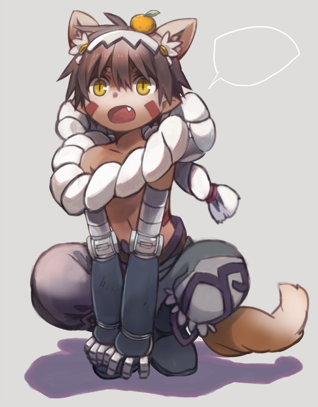 1boy animal_ears bad_id bad_pixiv_id beige_background brown_hair dark_skin dark_skinned_male dog_ears dog_tail extra_ears fang highres made_in_abyss okuragon open_mouth regu_(made_in_abyss) simple_background solo squatting tail yellow_eyes