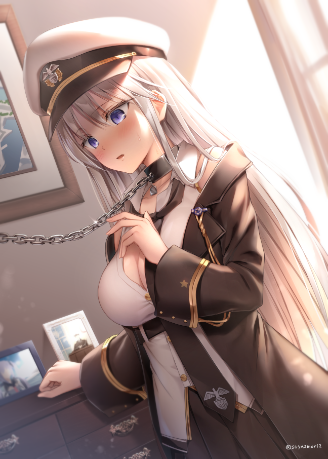 1girl azur_lane bangs bare_shoulders bdsm black_neckwear black_skirt blush breasts chain collar collared_shirt commentary_request day dutch_angle enterprise_(azur_lane) eyebrows_visible_through_hair glint hat indoors large_breasts long_hair necktie open_mouth peaked_cap photo_(object) shirt silver_hair skirt sleeveless sleeveless_shirt solo suya2mori2 twitter_username very_long_hair violet_eyes