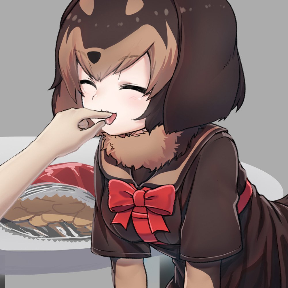 1girl :3 animal_ears animal_print bow bowtie brown_hair brown_shirt chips closed_eyes commentary_request dachshund_(kemono_friends)_(nyifu) disembodied_limb dog_ears dog_print elbow_gloves eyebrows_visible_through_hair finger_in_mouth food fur_collar gloves harness kemono_friends light_brown_hair multicolored_hair nyifu open_mouth original print_gloves red_neckwear sailor_collar shirt short_hair short_sleeves solo