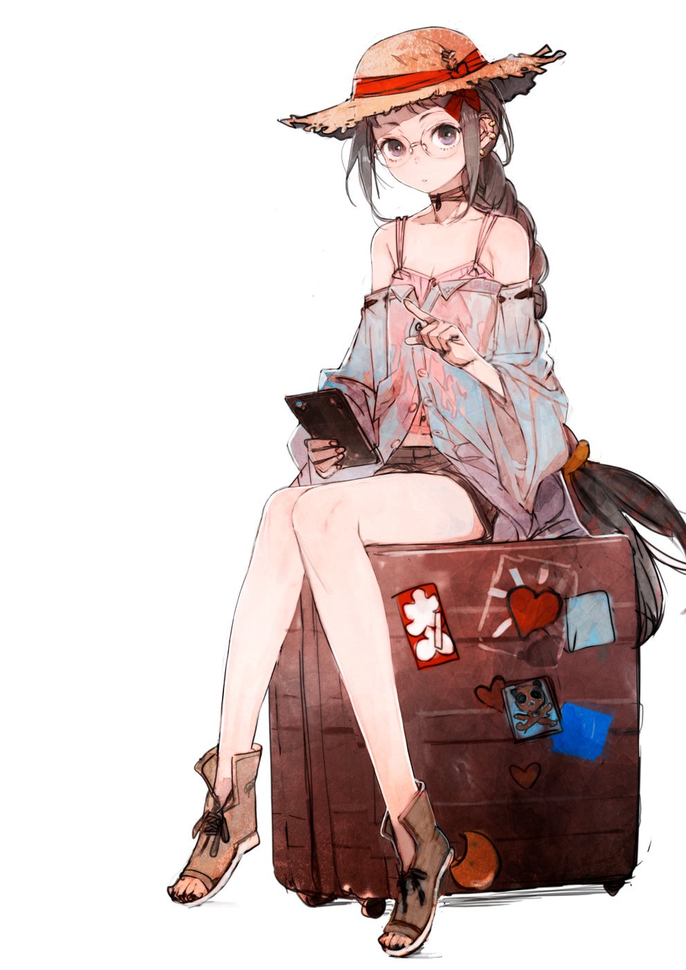 1girl bangs braid cellphone choker consort_yu_(fate) ear_piercing earrings fate/grand_order fate_(series) glasses hair_ribbon hat hat_ribbon highres jewelry long_hair looking_at_viewer multiple_earrings off-shoulder_shirt off_shoulder open_toe_shoes phone piercing red_ribbon ribbon shirt sitting solo sticker straw_hat suitcase tank_top toi8 very_long_hair violet_eyes