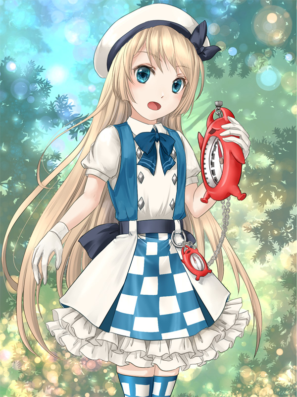 1girl blonde_hair blue_eyes blue_neckwear checkered_apron commentary_request compass cosplay enemy_lifebuoy_(kantai_collection) gloves hat jervis_(kantai_collection) kantai_collection looking_at_viewer michishio_(kantai_collection) michishio_(kantai_collection)_(cosplay) outdoors sailor_hat shinkaisei-kan solo thigh-highs two-tone_dress white_gloves white_headwear yuki_shuuka