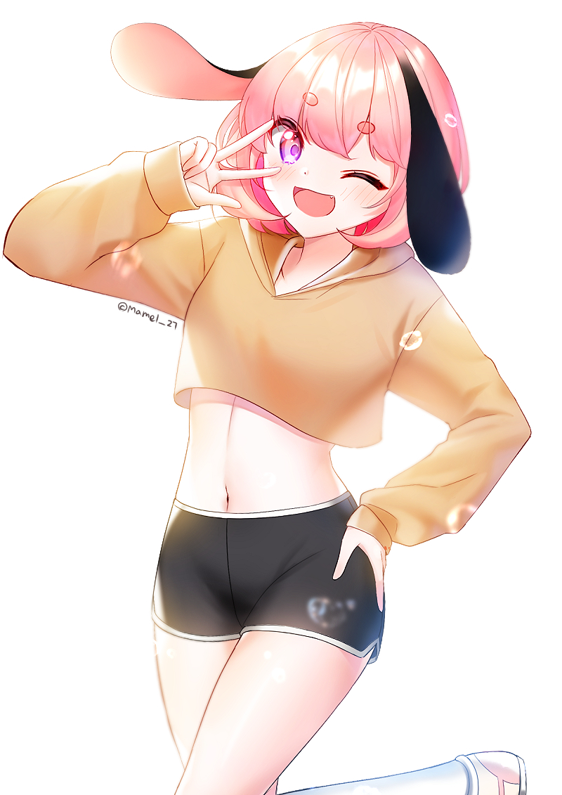 1girl ;d animal_ears black_shorts blush boyshorts brown_hoodie crop_top crop_top_overhang eyebrows_visible_through_hair fang hand_on_hip hand_up hood hood_down hoodie leg_up long_sleeves looking_at_viewer mamel_27 midriff navel one_eye_closed open_mouth original pink_hair shoes short_hair short_shorts shorts simple_background smile socks solo thick_eyebrows thighs twitter_username violet_eyes w white_background white_legwear