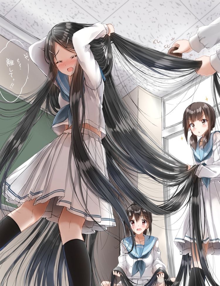 4girls absurdly_long_hair black_hair blush hair_brush hair_brushing hands_in_hair long_hair multiple_girls school school_uniform very_long_hair wavy_mouth