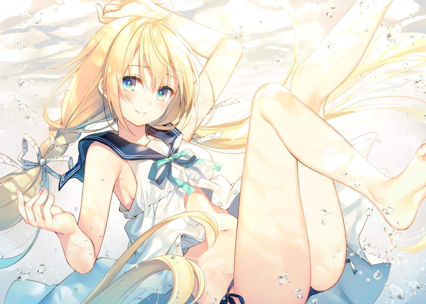 1girl arm_up armpits ass bare_arms bare_shoulders barefoot bikini blonde_hair blue_bikini blue_eyes blue_sailor_collar breasts buttons closed_mouth floating_hair freediving hair_ribbon legs_up long_hair looking_at_viewer low_twintails medium_breasts navel original partially_unbuttoned ribbon sailor_collar sailor_shirt shirt side-tie_bikini sidelocks sleeveless sleeveless_shirt smile solo swimsuit toosaka_asagi twintails underwater very_long_hair water white_ribbon white_shirt