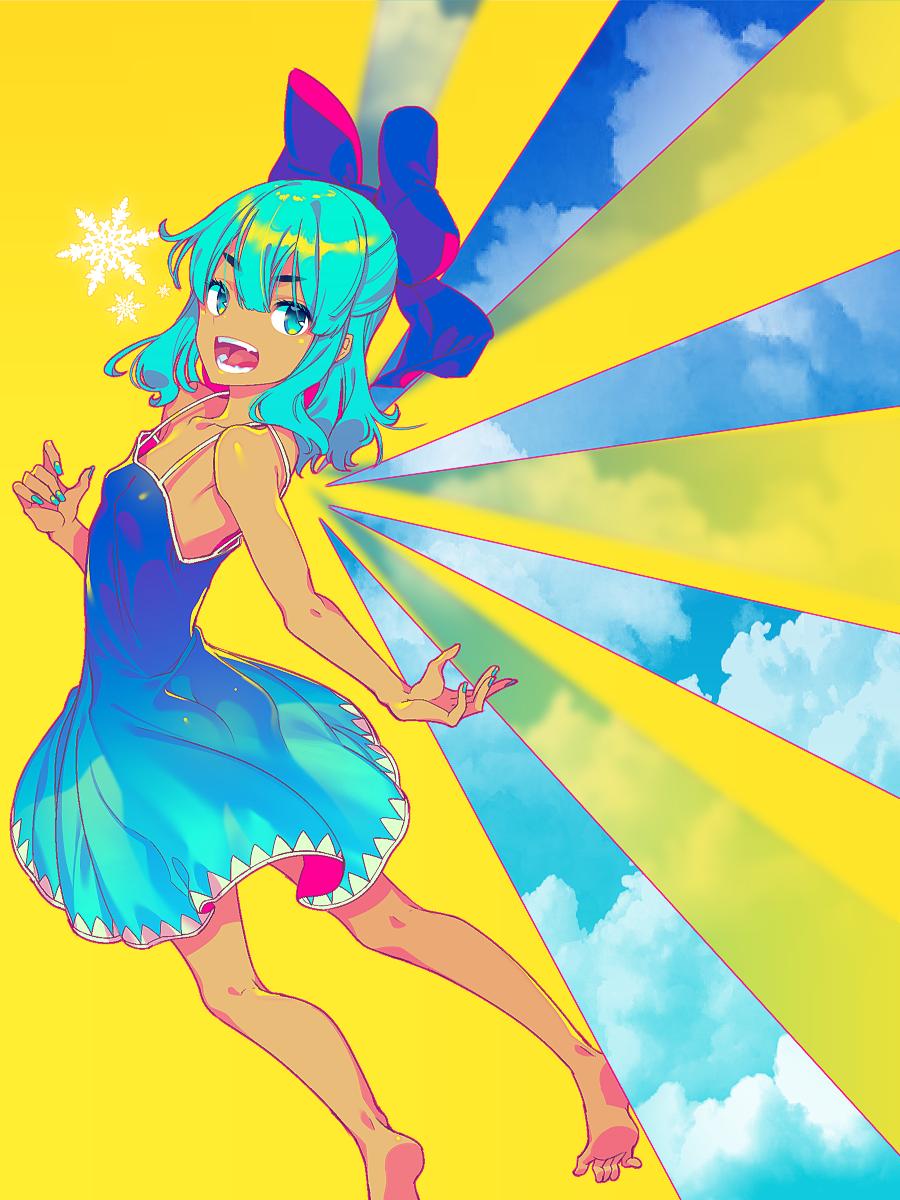 1girl :d bangs bare_arms bare_shoulders barefoot blue_bow blue_dress blue_eyes blue_hair blue_nails blue_sky bow breasts cirno clouds commentary day dress eyebrows_visible_through_hair feet_out_of_frame hair_between_eyes hair_bow highres looking_at_viewer nail_polish open_mouth short_hair simple_background sky small_breasts smile snowflakes solo spaghetti_strap tanned_cirno touhou v-shaped_eyebrows wings yellow_background zounose