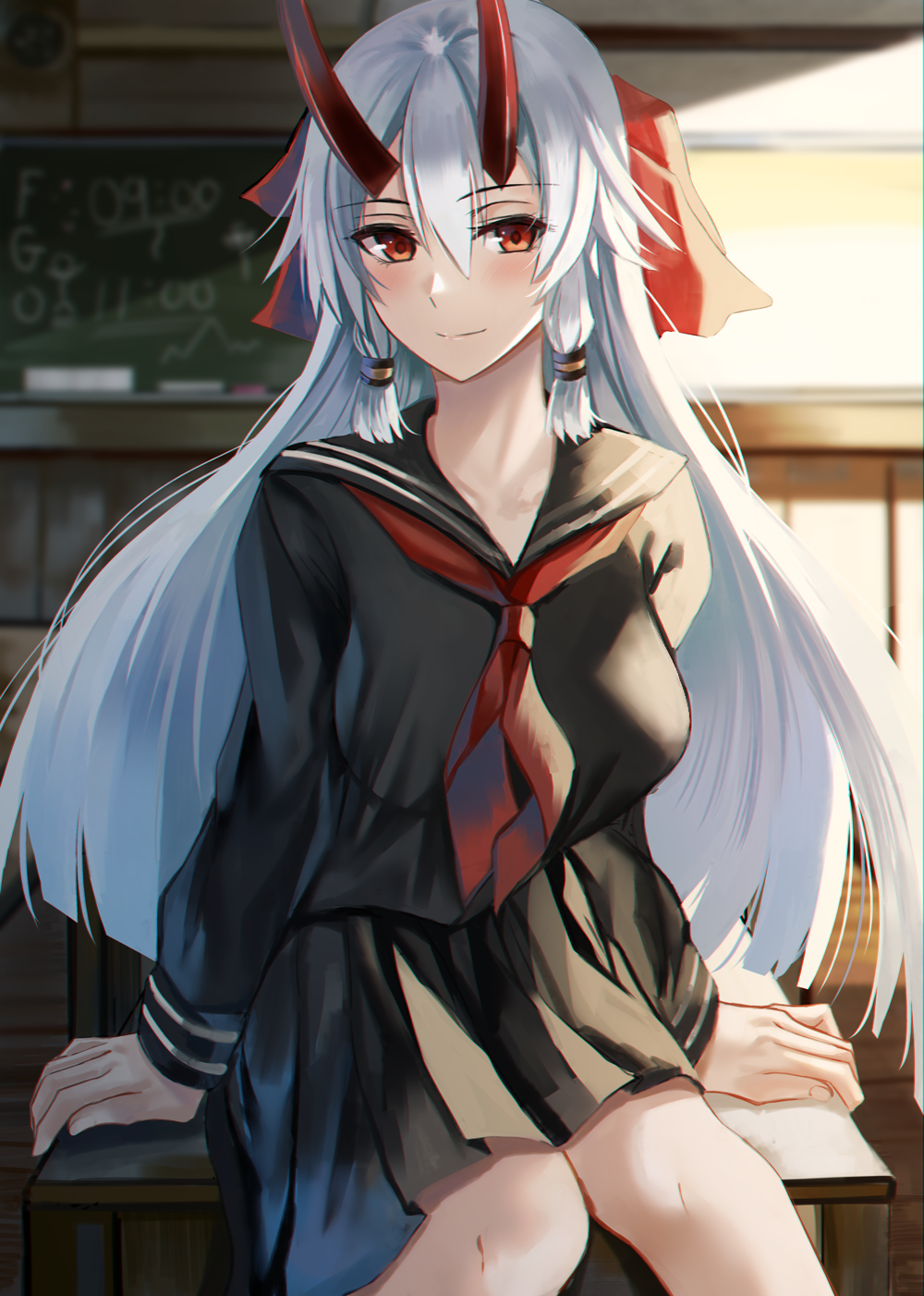 arm_support bangs bare_legs black_skirt blackboard_sign blurry blush breasts brynhildr_(fate) chalkboard classroom closed_mouth fate/grand_order fate_(series) fingernails hair_between_eyes hair_ornament hairclip headdress highres horns indoors long_hair long_sleeves looking_at_viewer neckerchief nikek96 oni_horns pleated_skirt red_eyes sailor_collar school school_uniform serafuku shirt silver_hair sitting skirt smile solo standing sunlight tomoe_gozen_(fate/grand_order) twintails uniform very_long_hair