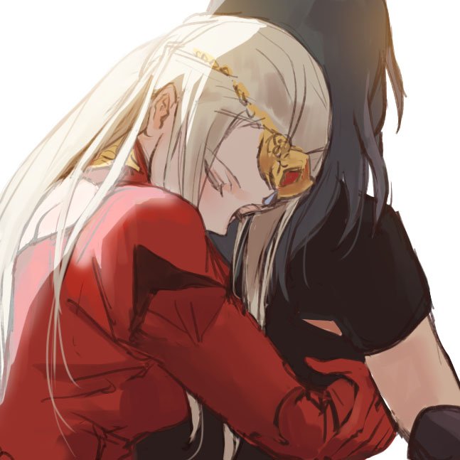 2girls back back_cutout backlighting byleth_(fire_emblem) byleth_eisner_(female) closed_eyes edelgard_von_hresvelg eyebrows_visible_through_hair eyes_visible_through_hair fire_emblem fire_emblem:_three_houses gloves green_hair hug hug_from_behind kisetsu leaning_on_person long_hair multiple_girls red_gloves simple_background tiara upper_body very_long_hair yuri