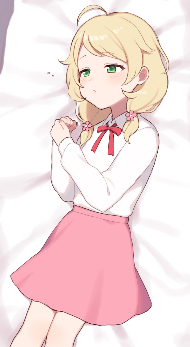 1girl ahoge bangs blonde_hair character_request cho628 commentary_request eyebrows_visible_through_hair green_eyes hair_ornament hairclip idolmaster idolmaster_cinderella_girls long_sleeves low_twintails lying on_back pink_ribbon red_ribbon ribbon shirt skirt sleepy solo twintails white_shirt