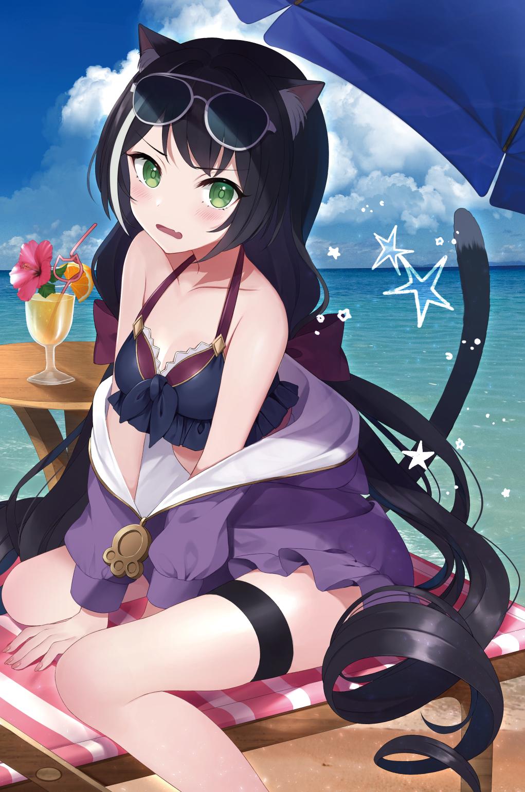 1girl animal_ear_fluff animal_ears bare_shoulders beach_umbrella between_legs bikini black_bikini black_hair blue_sky breasts cat_ears cat_tail clouds cloudy_sky cocktail_glass collarbone cup day drinking_glass drinking_straw eyewear_on_head fang flower green_eyes halter_top halterneck highres horizon jacket komazuki_(komaworks240) kyaru_(princess_connect) long_hair looking_at_viewer low_twintails multicolored_hair ocean off_shoulder open_mouth outdoors pink_flower princess_connect! princess_connect!_re:dive purple_jacket sitting sky small_breasts solo star streaked_hair sunglasses swimsuit tail thigh_strap tropical_drink twintails umbrella very_long_hair white_hair