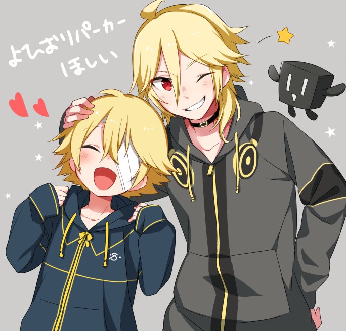 1other 2boys ^_^ adapted_costume bandage_over_one_eye bandages blonde_hair blue_hoodie blush choker closed_eyes collarbone cubi_(vocaloid) grey_background grey_hoodie grin hand_on_another's_head hand_on_hip happy headphones headphones_around_neck heart hood hoodie leaning_to_the_side long_hair looking_at_viewer mizuhoshi_taichi multiple_boys oliver_(vocaloid) one_eye_closed open_mouth segno_sign short_hair size_difference smile spoken_star vocaloid yohioloid