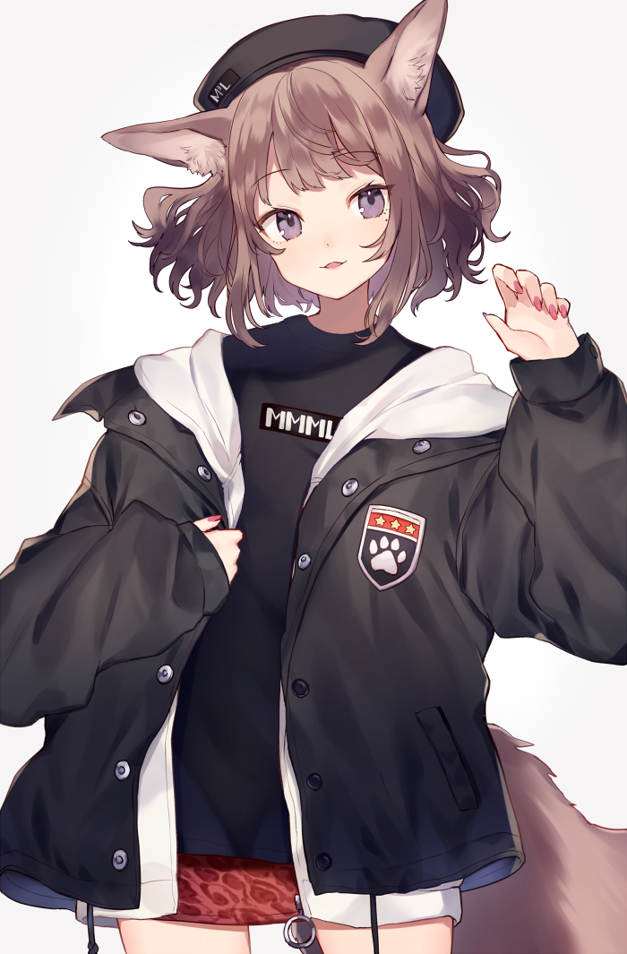 1girl :3 animal_ear_fluff animal_ears beret black_headwear black_jacket black_shirt brown_hair buttons cowboy_shot drawstring fox_ears fox_girl fox_tail grey_eyes hand_up hat head_tilt hood hood_down hooded_jacket jacket long_sleeves looking_at_viewer miniskirt mole mole_under_eye nail_polish open_clothes open_jacket original parted_lips pencil_skirt pink_nails red_skirt shirt short_hair shugao simple_background skirt sleeves_past_wrists smile solo standing tail white_background