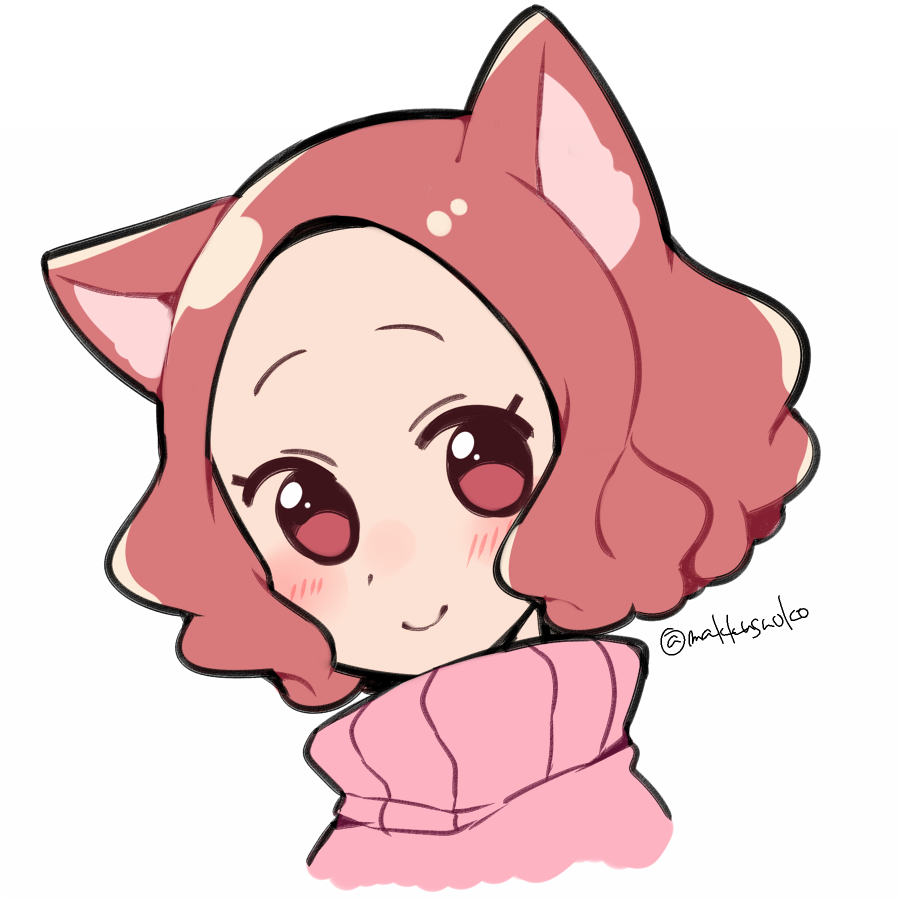 1girl animal_ears atlus blush brown_eyes brown_hair commentary cute do_m_kaeru megami_tensei moe okumura_haru persona persona_5 pink_sweater portrait ribbed_sweater short_hair smile solo sweater twitter_username