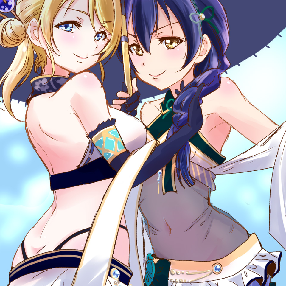 2girls ayase_eli bangs blonde_hair blue_eyes blue_hair braid closed_mouth commentary_request dress elbow_gloves eyebrows_visible_through_hair gloves hair_between_eyes long_hair looking_at_viewer love_live! love_live!_school_idol_festival love_live!_school_idol_project multiple_girls parasol ponytail see-through side_braid single_braid smile sonoda_umi umbrella urutsu_sahari