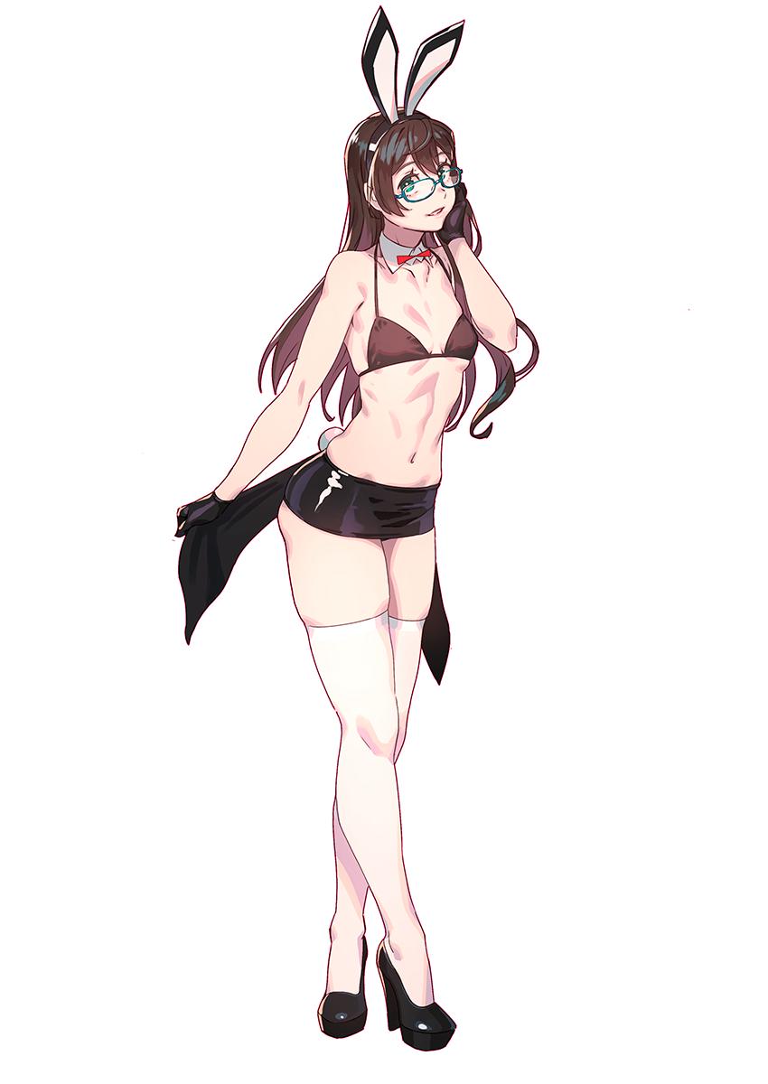 1girl animal_ears bangs bare_shoulders bikini_top black_gloves black_hair breasts bunny_tail collarbone commentary_request detached_collar eyebrows_visible_through_hair fake_animal_ears glasses gloves green_eyes hair_between_eyes hairband high_heels highres kantai_collection long_hair looking_at_viewer navel ooyodo_(kantai_collection) parted_lips rabbit_ears semi-rimless_eyewear simple_background small_breasts smile solo standing string_bikini tail thigh-highs under-rim_eyewear white_legwear yuuji_(and)