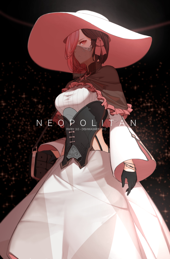 1girl belt breasts brown_eyes brown_hair commentary dishwasher1910 dress english_commentary gloves hair_ribbon hat heterochromia jewelry mature medium_breasts multicolored_hair necklace neo_politan older pink_eyes pink_hair ribbon rwby solo two-tone_hair umbrella white_eyes white_hair