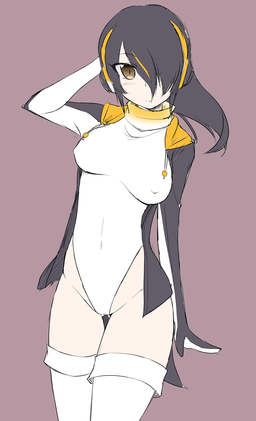 1girl :/ ass_visible_through_thighs black_hair breasts breasts_apart closed_mouth coattails covered_navel covered_nipples drawstring emperor_penguin_(kemono_friends) expressionless eyebrows_visible_through_hair eyes_visible_through_hair flat_color groin hair_over_one_eye hand_up hatching_(texture) highleg highres hood hood_down kemono_friends light_blush long_bangs long_hair long_sleeves looking_at_viewer matatabi_(2ccp) multicolored_hair single_eye sketch slit_pupils solo streaked_hair thigh-highs thigh_gap turtleneck wrists_extended