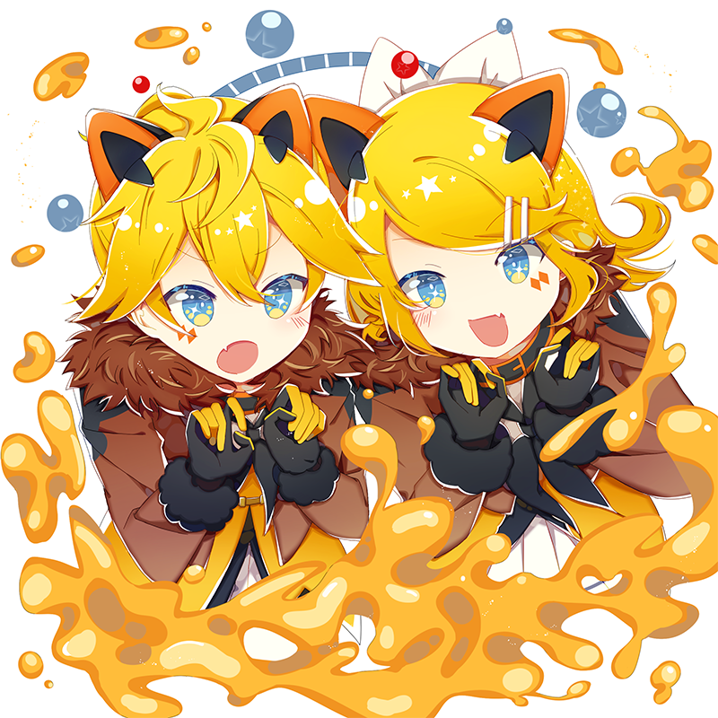 1boy 1girl animal_ears bangs black_gloves blonde_hair blue_eyes blush bow claw_pose collar commentary diamond_(shape) facial_tattoo fang fur-trimmed_jacket fur_trim gloves hair_bow hair_ornament hairclip jacket kagamine_len kagamine_rin lion_ears magical_mirai_(vocaloid) neckerchief open_mouth short_hair siblings skin_fang sparkling_eyes spiky_hair star swept_bangs tattoo twins upper_body v-shaped_eyebrows vocaloid white_bow zimoow