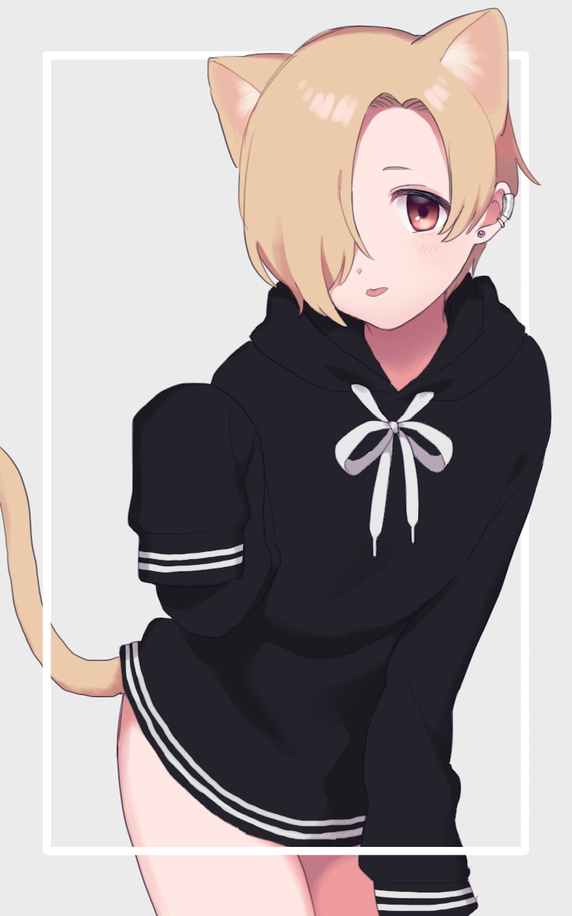 1girl animal_ears black_hoodie blonde_hair blush cat_ears cat_tail cho628 commentary_request ear_piercing earrings grey_background hair_over_one_eye highres hood hoodie idolmaster idolmaster_cinderella_girls jewelry looking_at_viewer piercing shirasaka_koume short_hair simple_background sleeves_past_fingers sleeves_past_wrists solo tail tongue tongue_out