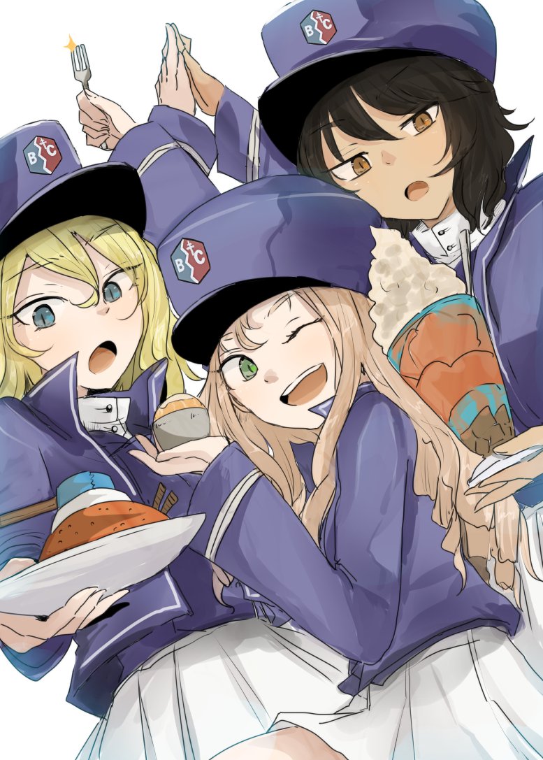 3girls andou_(girls_und_panzer) arms_up bangs bc_freedom_(emblem) bc_freedom_military_uniform black_hair blonde_hair blue_eyes blue_headwear blue_jacket blue_vest bowl brown_eyes cake drill_hair emblem food fork girls_und_panzer glass green_eyes hat high_collar jacket long_hair long_sleeves looking_at_viewer marie_(girls_und_panzer) medium_hair messy_hair multiple_girls nekuro one_eye_closed oshida_(girls_und_panzer) palms_together plate pleated_skirt shako_cap simple_background skirt smile sparkle thighs vest white_background white_skirt