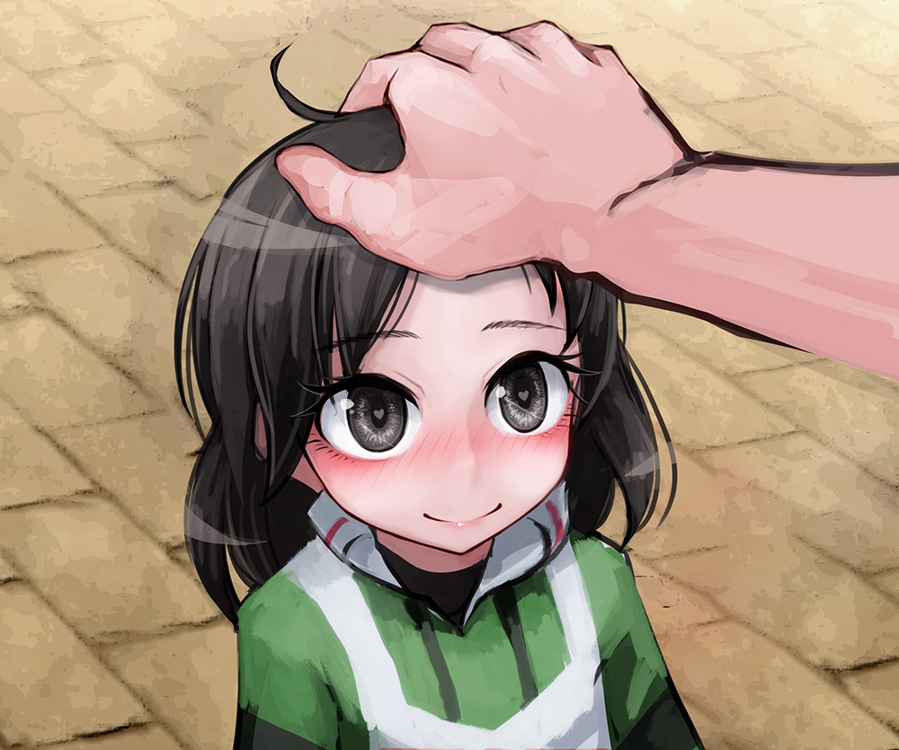 1girl black_eyes black_hair black_jacket blush eyebrows_visible_through_hair green_jacket hand_on_another's_head heart heart_in_eye jacket kemurikusa long_hair looking_at_another looking_away multicolored multicolored_clothes multicolored_jacket nose_blush out_of_frame petting ray-k riri_(kemurikusa) smile solo_focus symbol_in_eye upper_body white_jacket