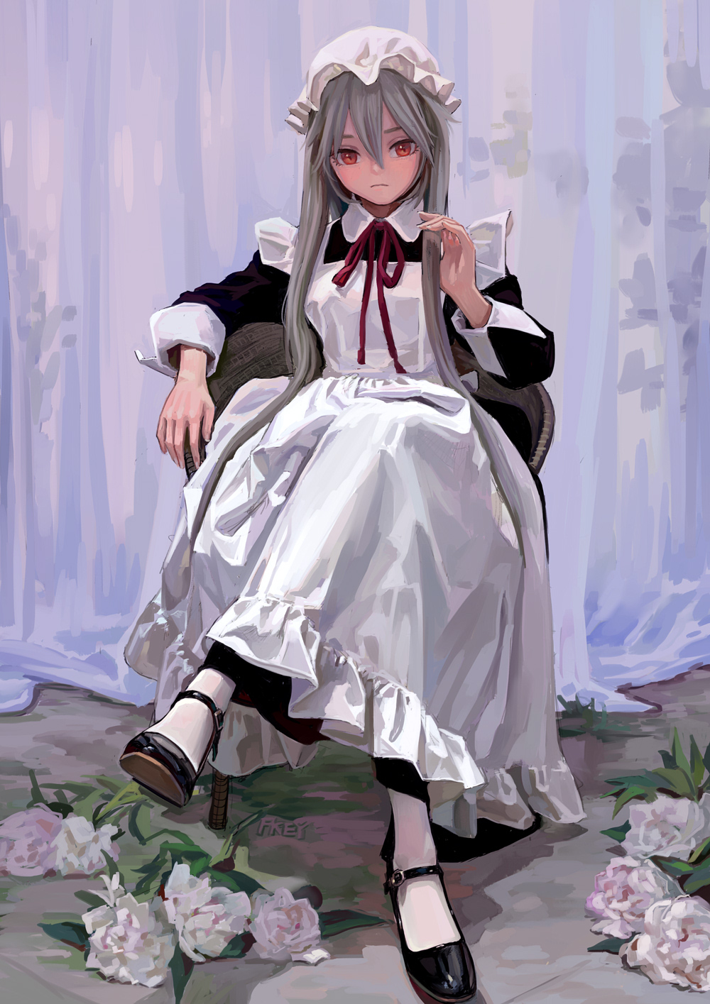 1girl apron artist_name black_footwear chair closed_mouth crossed_legs dress dress_tug expressionless fkey flower full_body grey_hair hair_between_eyes hat highres long_hair long_sleeves looking_at_viewer mob_cap neck_ribbon original red_eyes red_ribbon ribbon sitting sleeve_cuffs solo white_apron white_headwear white_legwear