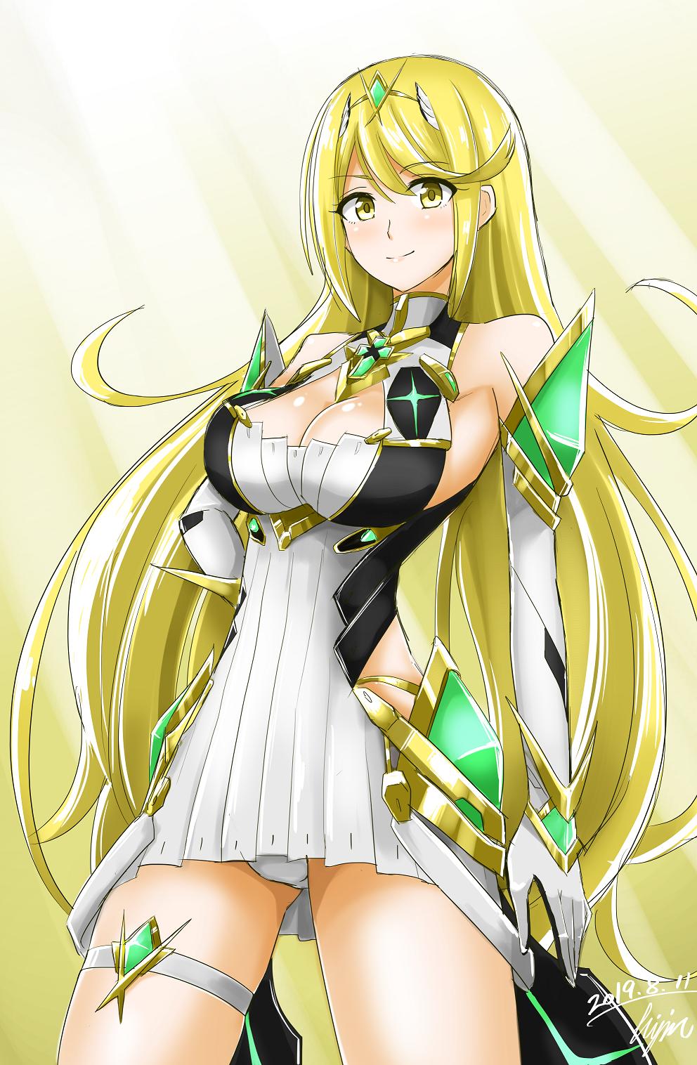 1girl armor bangs blonde_hair blush breasts cute dress earrings elbow_gloves gem gloves hair_ornament headpiece highres hisin jewelry large_breasts long_hair looking_at_viewer moe monolith_soft mythra_(xenoblade) nintendo panties parted_lips pose shoulder_armor simple_background smile solo swept_bangs thigh_strap tiara underwear very_long_hair white_background white_dress xenoblade_(series) xenoblade_2 yellow_eyes