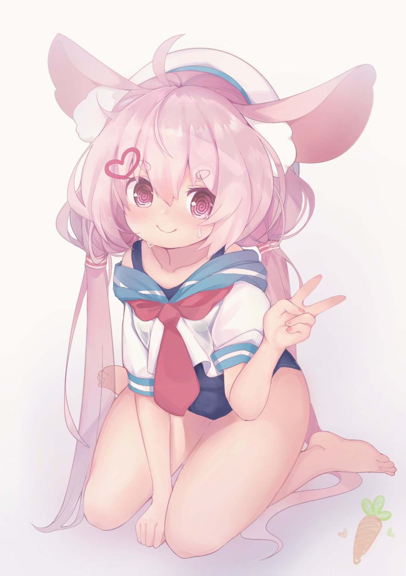 1girl ahoge animal_ear_fluff animal_ears arm_up barefoot carrot commentary_request hair_ornament hairclip hat highres long_hair low_twintails off_shoulder one-piece_swimsuit pink_eyes pink_hair rabbit_ears school_swimsuit school_uniform serafuku shirt simple_background sitting smile solo suicavrchat sweat sweatdrop swimsuit swimsuit_under_clothes thighs toes tomari_mari tomari_mari_channel twintails v very_long_hair virtual_youtuber white_background white_headwear white_shirt