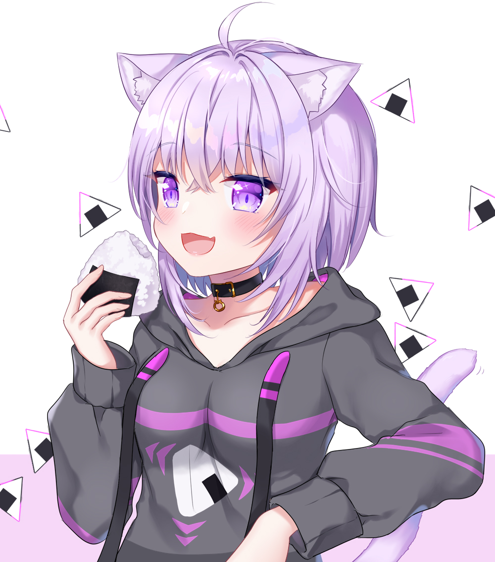 1girl :d ahoge animal_ear_fluff animal_ears breasts cat_ears cat_girl cat_tail collar collarbone drawstring fang food holding holding_food hololive hood hood_down hoodie long_sleeves looking_at_viewer motion_lines naomi_(fantasia) nekomata_okayu onigiri open_mouth purple_hair short_hair small_breasts smile solo tail upper_body violet_eyes virtual_youtuber white_background