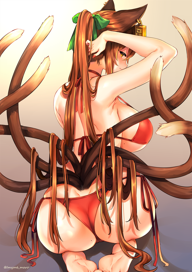 1girl :3 adjusting_hair animal_ears ass bare_shoulders barefoot bikini breasts brown_hair cat_ears cat_tail chen dimples_of_venus from_behind gradient gradient_background green_ribbon hair_ribbon large_breasts long_hair looking_back marota mole multiple_tails older ponytail red_bikini ribbon seiza shoulder_blades side-tie_bikini simple_background sitting smile swimsuit tail touhou twintails very_long_hair