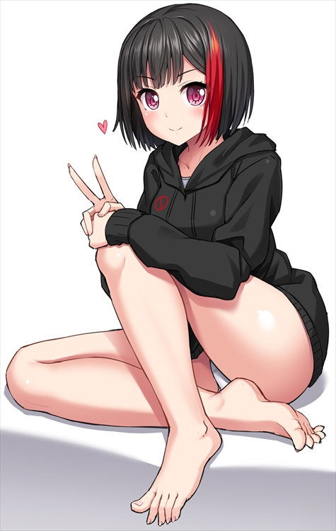 1girl ass bang_dream! bare_legs barefoot black_hair collarbone crotch_seam heart hood hood_down hoodie knee_up lambda_(kusowarota) long_sleeves looking_at_viewer mitake_ran multicolored_hair panties pink_eyes redhead short_hair simple_background sitting smile solo thighs two-tone_hair underwear v white_background white_panties