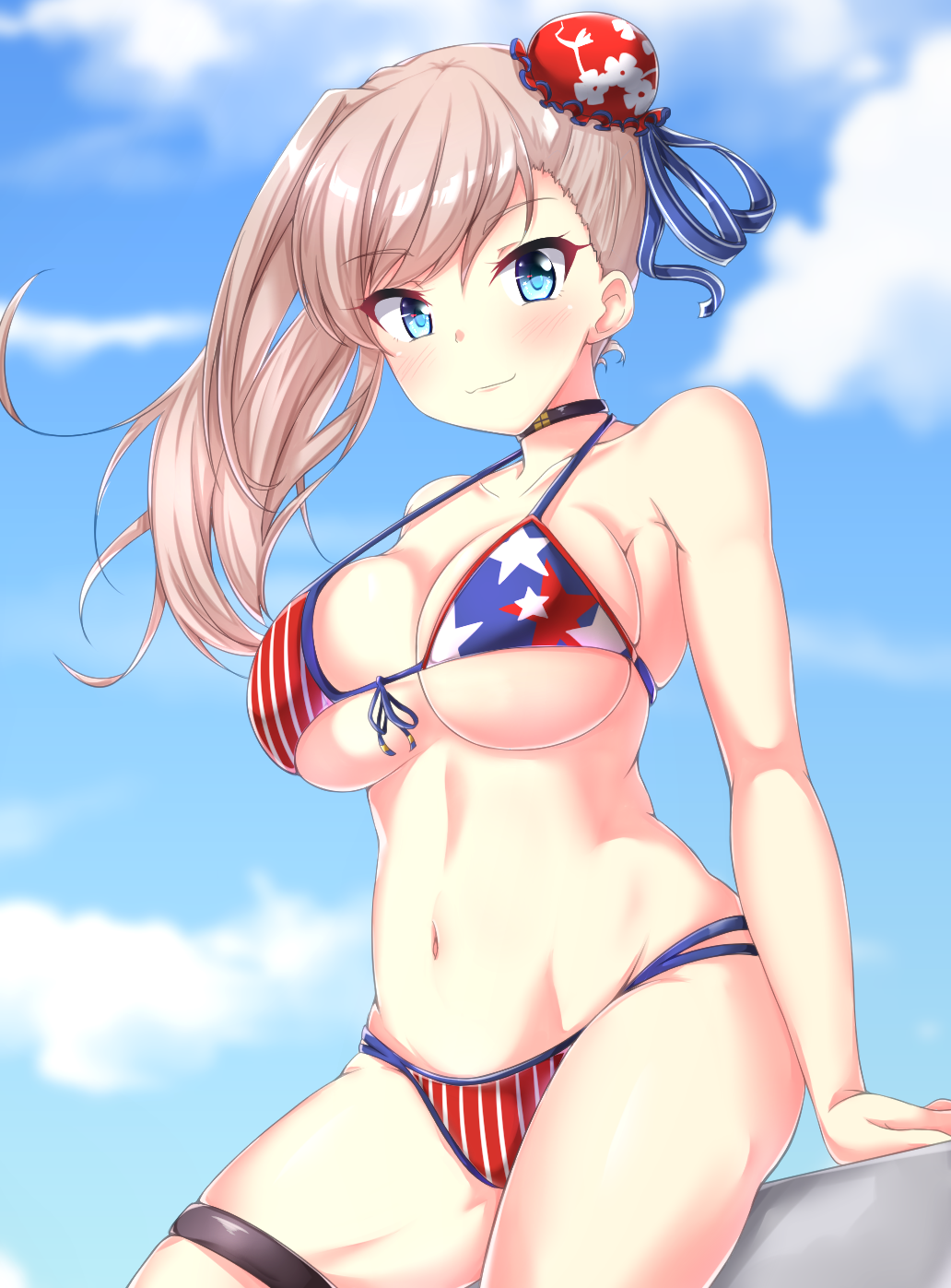 1girl american_flag american_flag_bikini asymmetrical_hair bangs bikini blue_eyes blue_sky breasts bun_cover collarbone day fate/grand_order fate_(series) flag_print front-tie_bra hair_bun highres large_breasts long_hair miyamoto_musashi_(swimsuit_berserker)_(fate) navel niku114514810 outdoors pink_hair sitting sky smile solo swept_bangs swimsuit thigh_strap