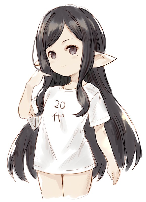 1girl alternate_costume arulumaya bangs black_hair closed_mouth clothes_writing cowboy_shot cropped_legs eyebrows_visible_through_hair granblue_fantasy grey_eyes hand_up harvin long_hair meito_(maze) mole mole_under_eye pointy_ears shirt short_sleeves simple_background smile solo swept_bangs translation_request very_long_hair white_background white_shirt