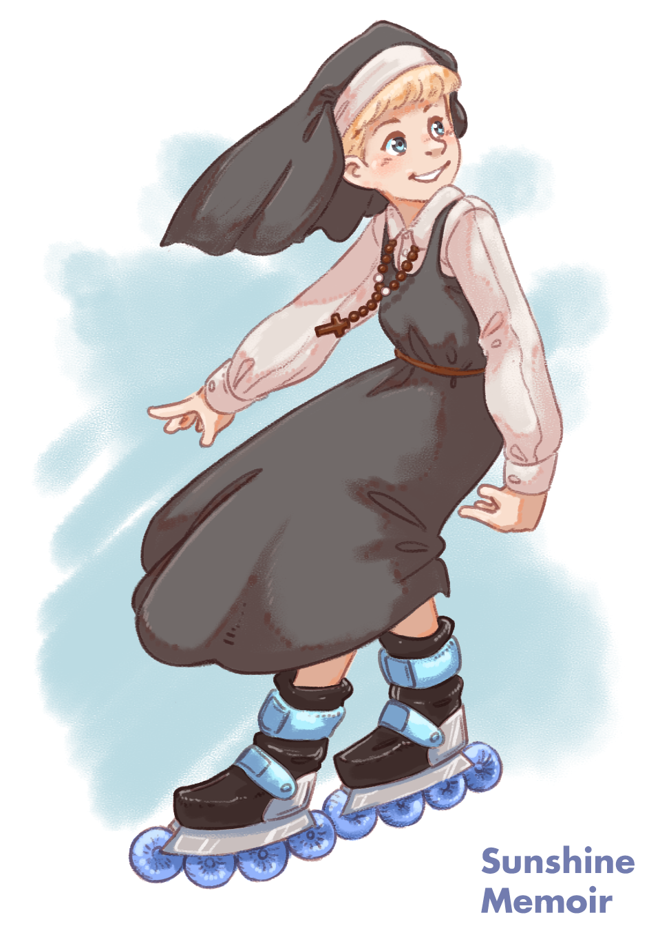 1girl black_dress black_headwear blonde_hair blue_eyes blue_footwear cross dress habit highres khiuly nun original roller_skates shirt skates smile white_shirt