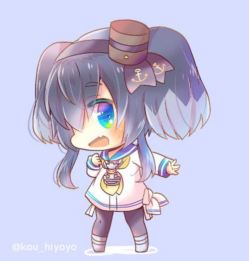 1girl :d anchor bangs black_legwear blue_background blue_eyes blue_hair blue_sailor_collar blush chibi eyebrows_visible_through_hair fang full_body grey_footwear grey_hair hair_between_eyes kantai_collection kouu_hiyoyo long_sleeves multicolored_hair neckerchief open_mouth outstretched_arm panties pantyhose sailor_collar shirt side-tie_panties smile solo standing tied_shirt tokitsukaze_(kantai_collection) twintails twitter_username two-tone_hair underwear white_panties white_shirt yellow_neckwear