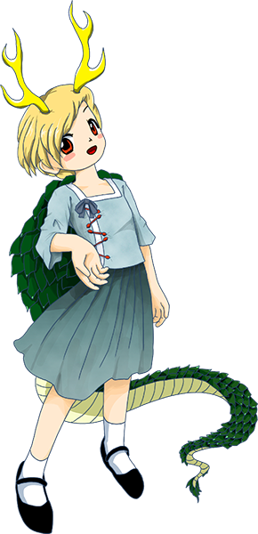 1girl antlers blonde_hair blue_dress dragon_girl dragon_horns dragon_tail dress horns kitcho_yachie monster_girl official_art oota_jun'ya red_eyes scales short_hair solo tagme tail touhou transparent_background turtle_shell wily_beast_and_weakest_creature