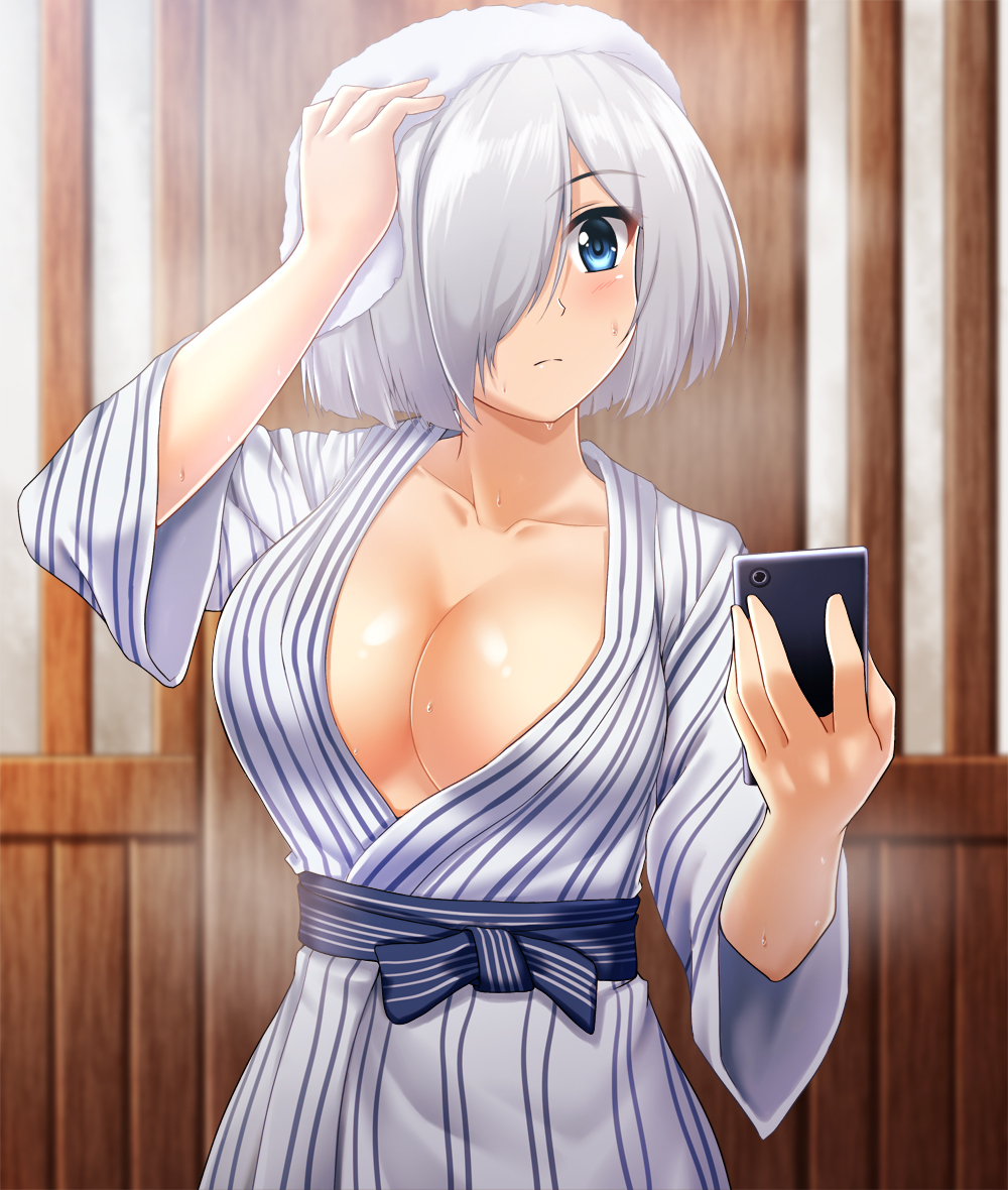 1girl alternate_costume bath_yukata blue_eyes blush breasts cellphone closed_mouth hair_over_one_eye hamakaze_(kantai_collection) japanese_clothes kantai_collection kimono large_breasts phone short_hair silver_hair smartphone solo steam towel towel_on_head water_drop wet white_towel yukata zanntetu