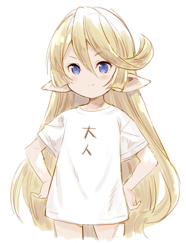 &gt;:) 1girl alternate_costume blonde_hair blue_eyes blush charlotta_fenia closed_mouth clothes_writing collarbone cowboy_shot cropped_legs granblue_fantasy hands_on_hips harvin long_hair meito_(maze) pointy_ears shirt short_sleeves simple_background smile solo translated v-shaped_eyebrows very_long_hair white_background white_shirt