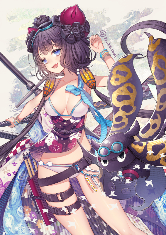 1girl bangs bare_shoulders belt bikini blue_eyes blush bracelet breasts calligraphy_brush collarbone fang fate/grand_order fate_(series) floral_print flower goggles goggles_on_head hair_flower hair_ornament jewelry katana katsushika_hokusai_(fate/grand_order) katsushika_hokusai_(swimsuit_saber)_(fate) looking_at_viewer medium_breasts n_kamui navel obi octopus open_mouth paintbrush pouch purple_hair sash short_hair sidelocks smile swimsuit sword tokitarou_(fate/grand_order) weapon white_bikini