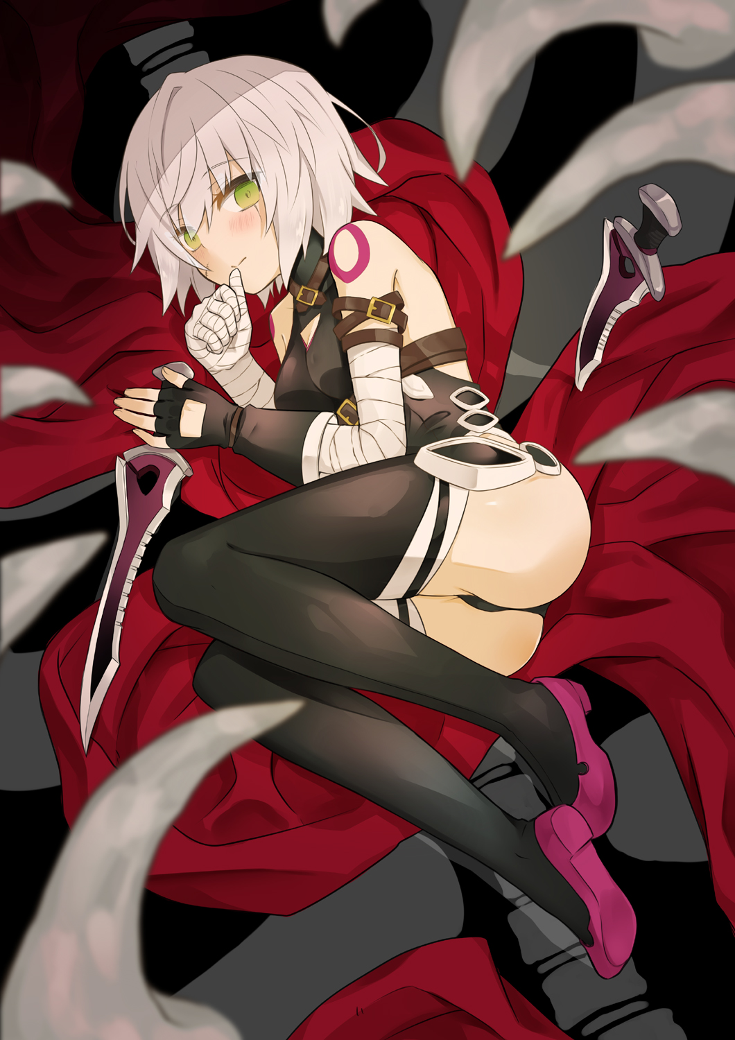 1girl ahase_hino ass bandaged_arm bandages bangs bare_shoulders black_gloves black_legwear black_panties blush breasts collar commentary_request cutout eyebrows_visible_through_hair facial_scar fate/apocrypha fate_(series) fingerless_gloves gloves green_eyes highres jack_the_ripper_(fate/apocrypha) looking_at_viewer lying on_side panties pink_footwear scar scar_across_eye shoes short_hair silver_hair single_glove small_breasts solo tentacles thigh-highs underwear weapon