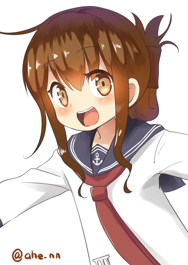 1girl ahenn black_legwear black_sailor_collar brown_eyes brown_hair commentary_request folded_ponytail inazuma_(kantai_collection) kantai_collection long_hair long_sleeves looking_at_viewer neckerchief open_mouth outstretched_arms red_neckwear round_teeth sailor_collar school_uniform serafuku shirt simple_background solo teeth twitter_username upper_body upper_teeth white_background white_shirt